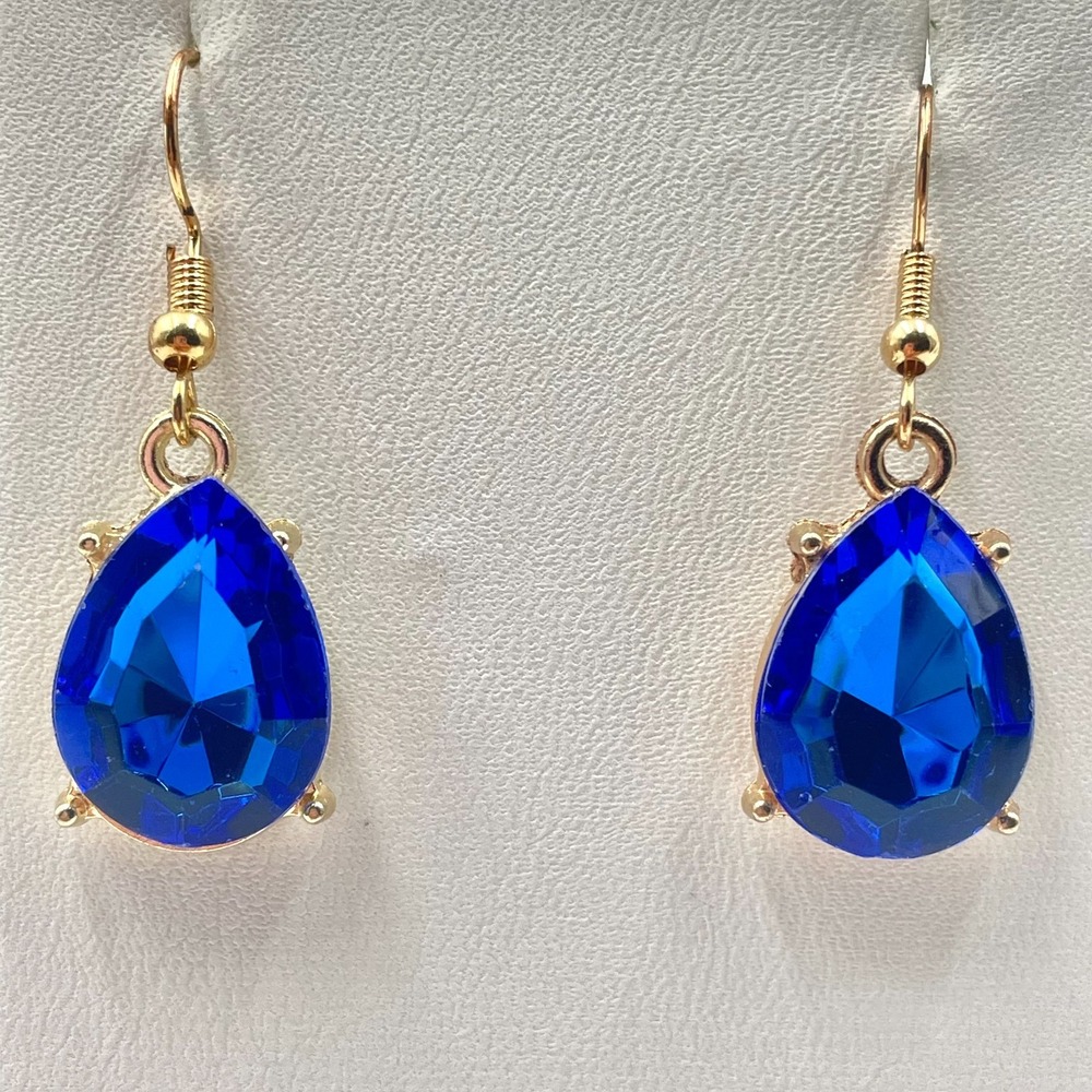 Vintage Y2K Cobalt Blue Faceted Glass Teardrop Dangle Earrings Gold Tone Retro